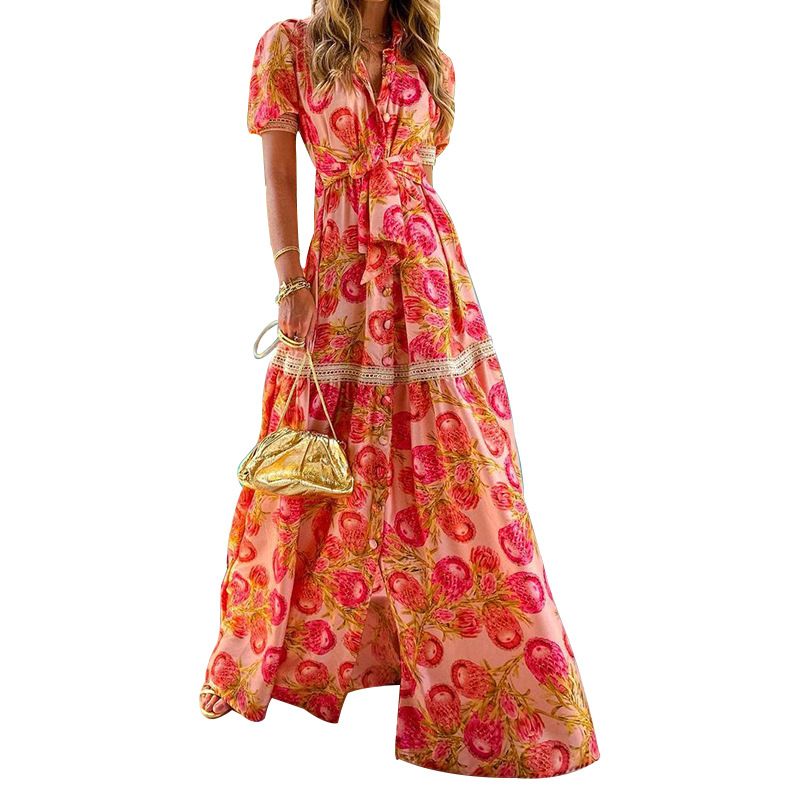 Damenbekleidung Temperament Kurzarm bedrucktes langes böhmisches Kleid_voghion.com
