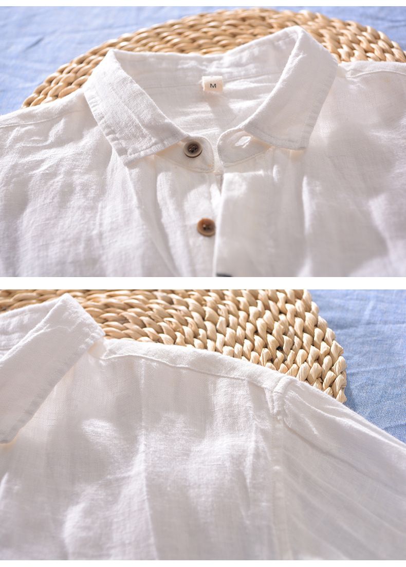Abbigliamento da uomo, camicia a maniche corte in 100% cotone e lino, casual e traspirante, in lino, sottile, a mezza manica, con risvolto._voghion.com