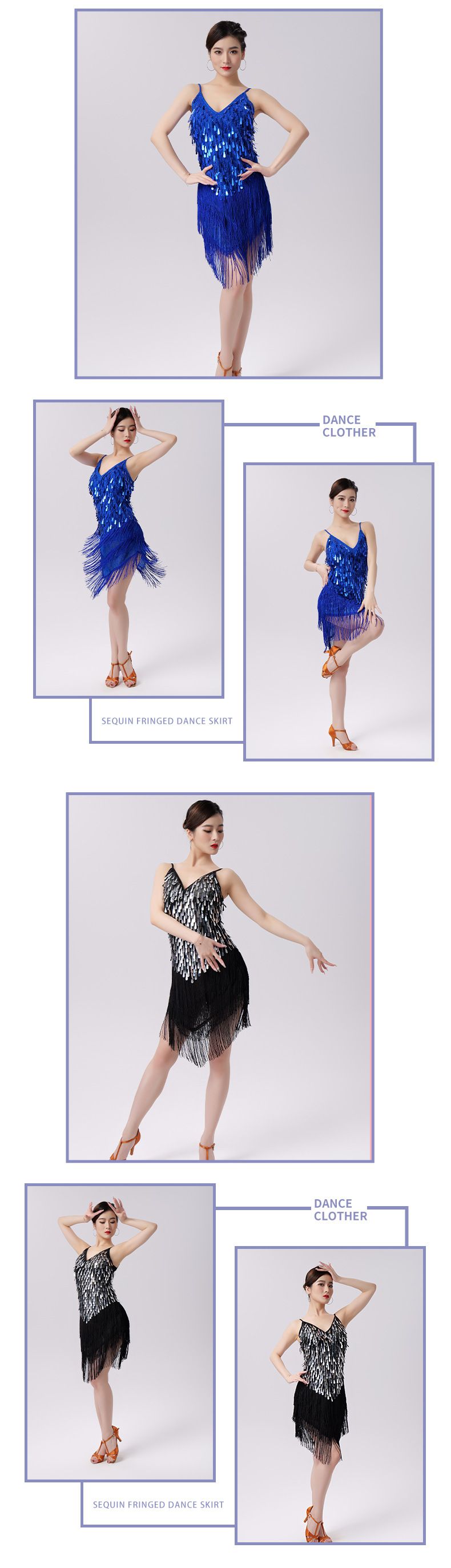 Costum de echipă pentru competiție de dans latino pentru adulți, cu fustă cu paiete și ciucuri_voghion.com