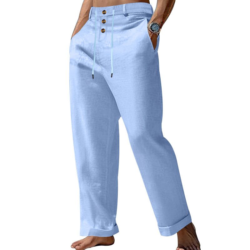 Pantaloni casual da spiaggia a vita alta con spalline dritte in cotone e lino, nuovi alla moda per uomo, primavera e autunno_voghion.com