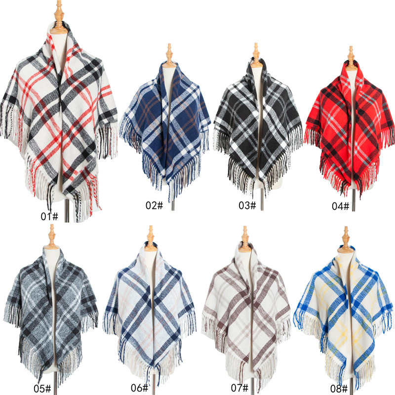 2022 New Loop Yarn Striped Plaid Polyester Long Tassel Wool Square Scarf Women's Shawl_voghion.com