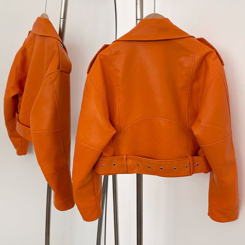 Trendige PU-Lederjacke für Damen, kurzer Mantel im Biker-Stil, modische, lockere Passform, lässige Oberbekleidung mit Reißverschluss in Schwarz, Aschgrau, Olivgrün, Himmelblau, Mandarine_voghion.com