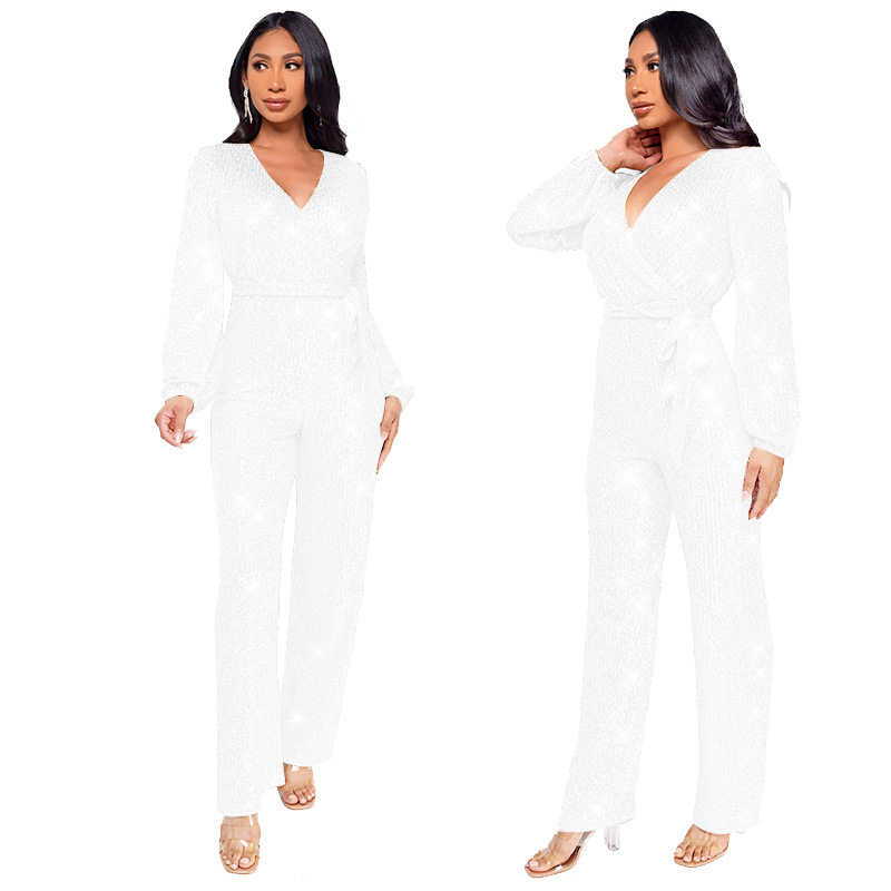 Damkläder Ins Style Deep V Mode Casual Jumpsuit Långärmat Bälte Paljett Jumpsuit Dam_voghion.com