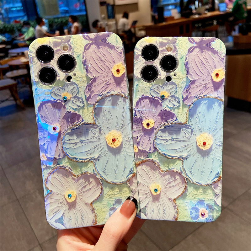 Pittura a olio Fiore margherita blu viola adatto per Apple 15 Pro/13 Custodia per telefono Flash Diamond iPhone 12 Promax Soft 14_voghion.com
