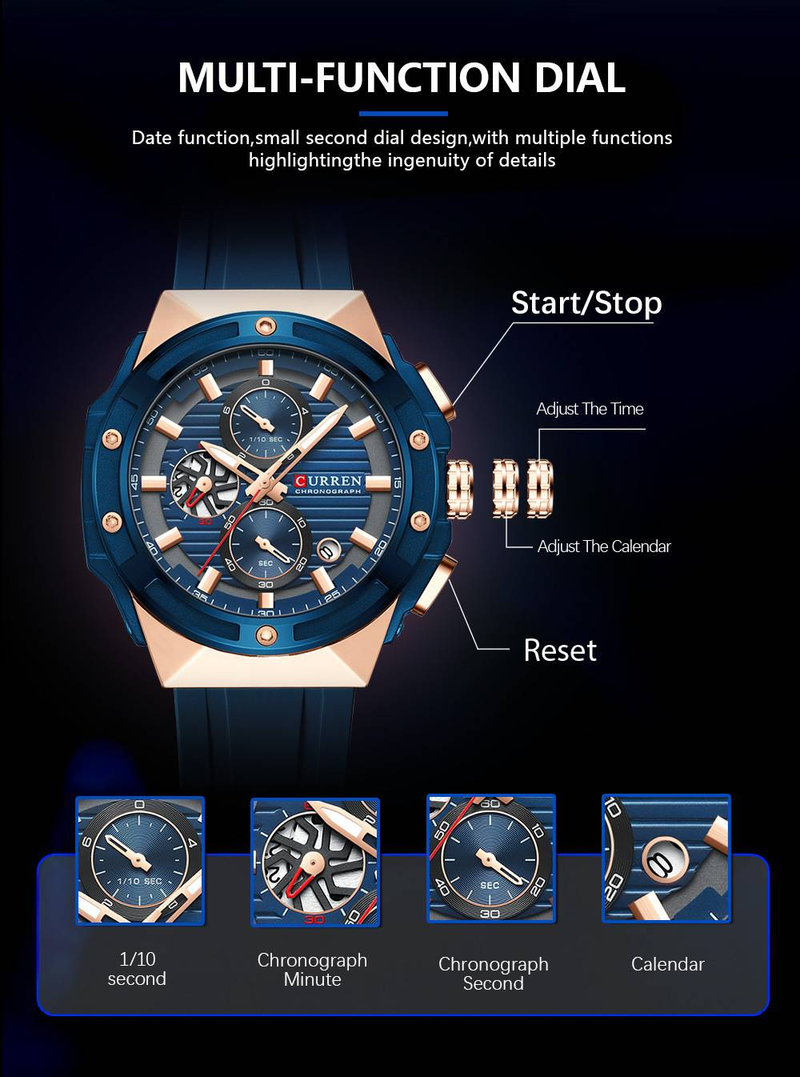 Monitoimiset urheilukellot Chronograph Quartz Watchin silikoniranneke kirkkailla käsillä_voghion.com