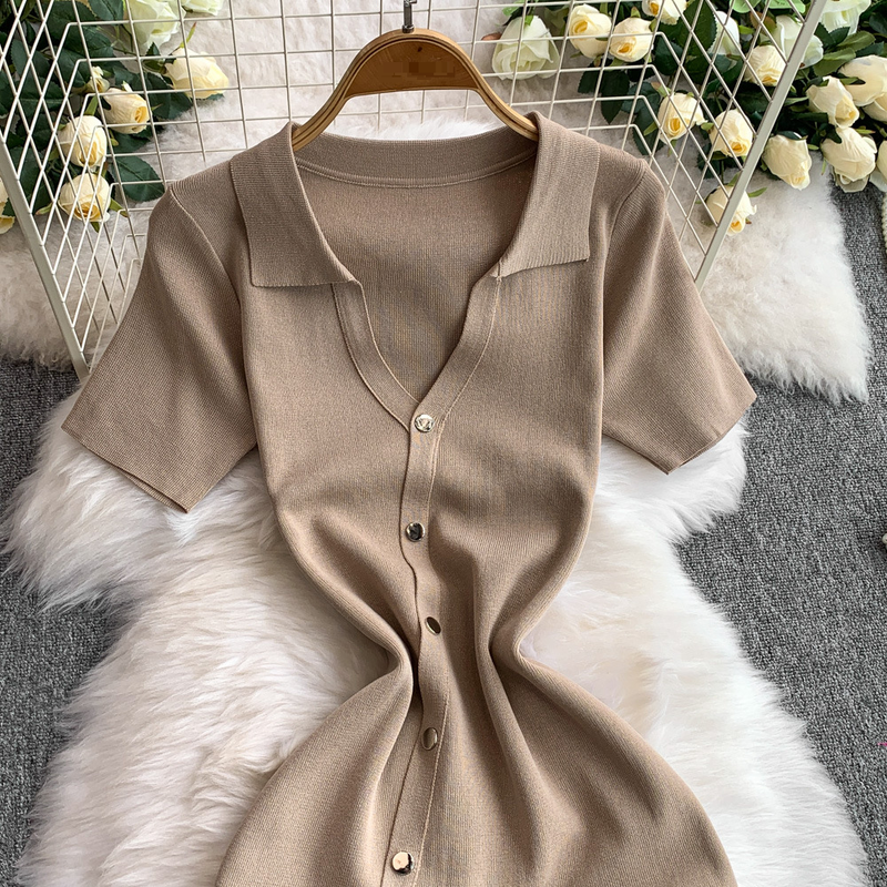 Abito monopetto con scollo a V da donna, gonna lunga con spacco snellente in maglia femminile_voghion.com