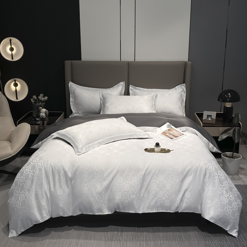 Parure de lit double face en soie glacée lavée - Housse de couette et drap-housse jacquard ultra-doux et respirant, doux pour la peau, pour un sommeil nu, taille King/Queen_voghion.com