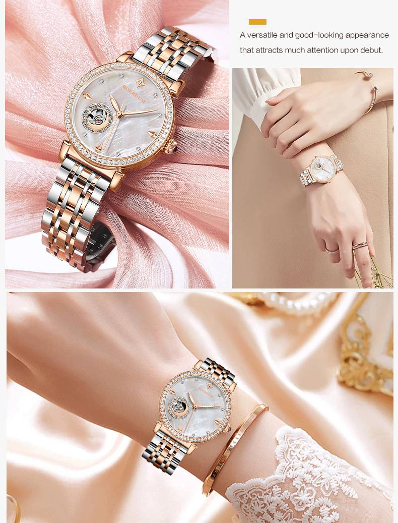 ROERDUM Royal Moonphase Collection - Cadran blanc nacré - Bracelet en acier inoxydable - Montre automatique pour femme tendance et raffinée_voghion.com