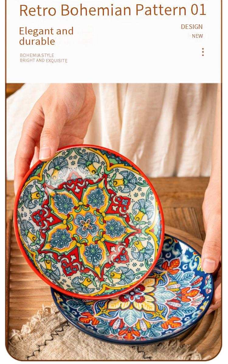 Bohemian Ceramic Dinnerware Set - 3-Piece Tableware For Restaurants & Home Use (Bowls, Plates & Saucers, Microwave & Dishwasher Safe)_voghion.com