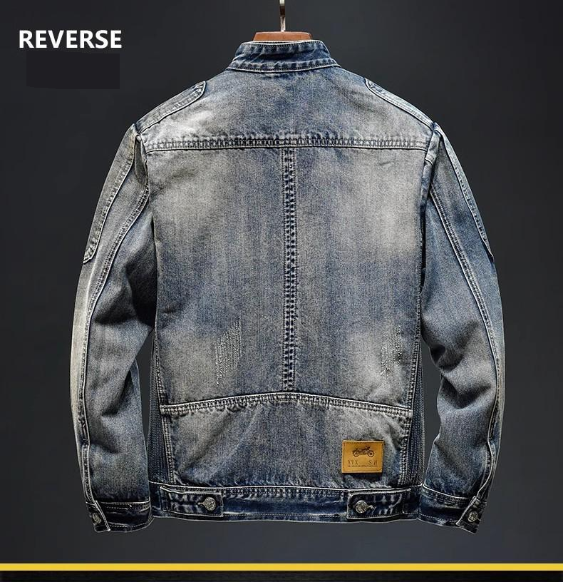 Chaqueta vaquera ligera de lujo para hombre, estilo motociclista, con cuello alto y cremallera pesada, estilo retro moderno._voghion.com