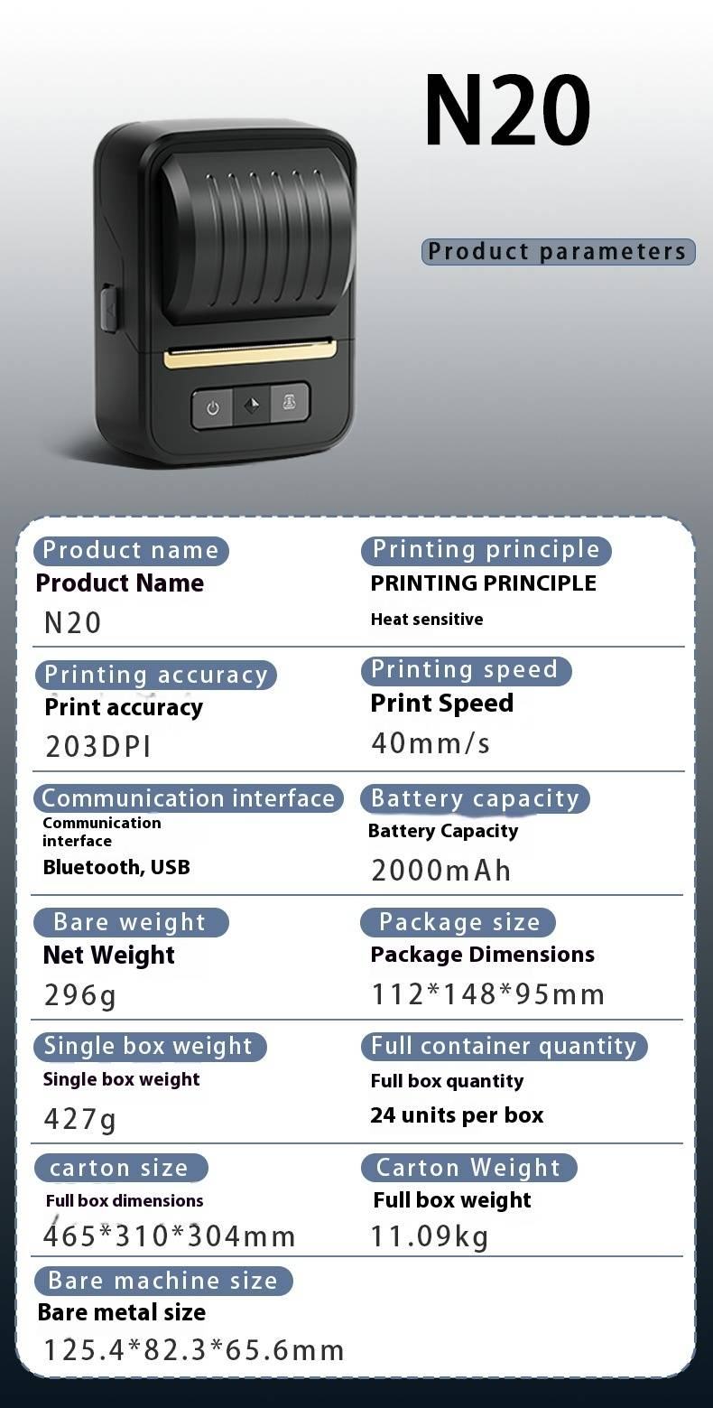 N20 Commercial Bluetooth Thermal Label Printer For Mobile & PC - Portable, Wireless, Compact Design For Small Businesses & Home Use_voghion.com