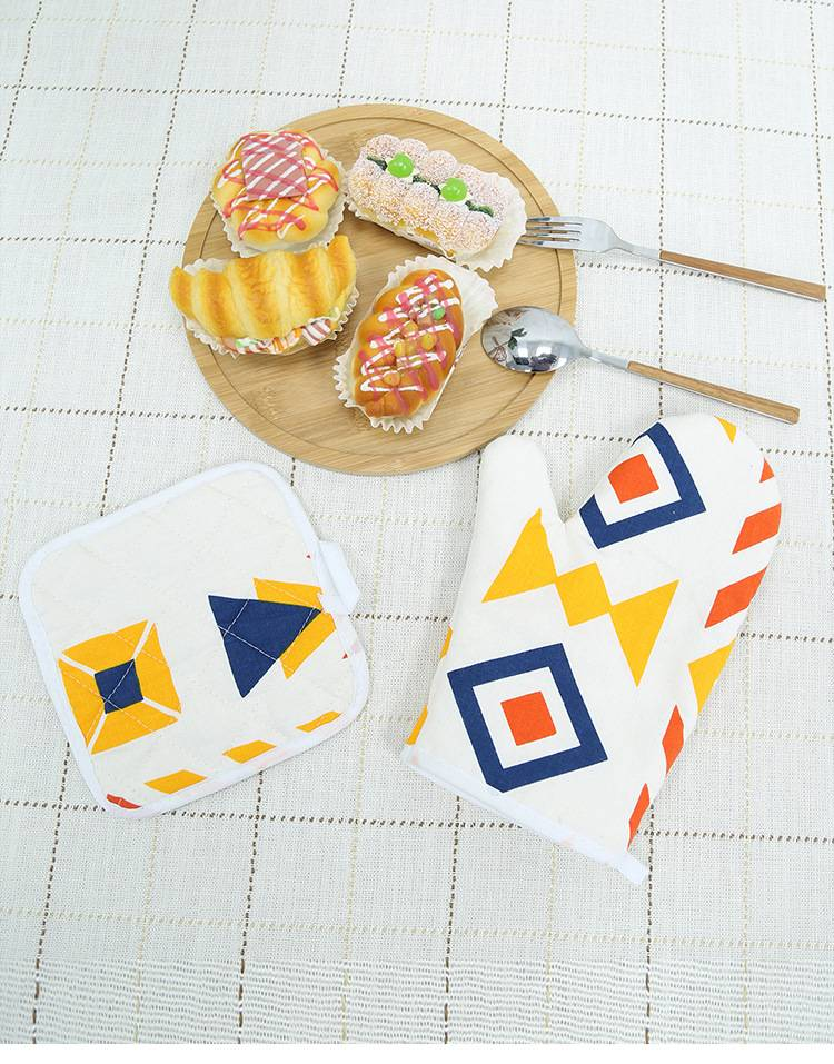 Bohemian Style Microwave Oven Mitts Set - Heat Resistant Cotton Linen Gloves For Baking & Cooking (26cm Length, Geometric Pattern, Yellow)_voghion.com