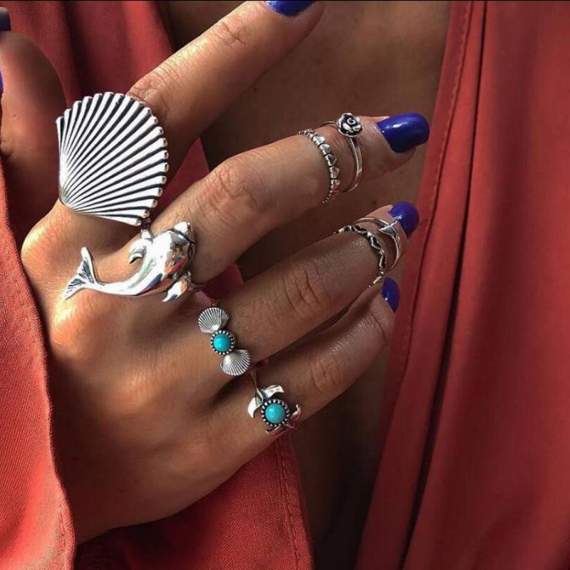 Jewelry Fashion Scallop Dolphin Turquoise 8-piece Set Combination Ring For Women_voghion.com