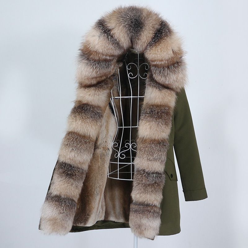 Damenbekleidung Abnehmbarer Innenmantel mit Fuchspelzkragen Mittellang Modischer warmer Kapuzenmantel_voghion.com