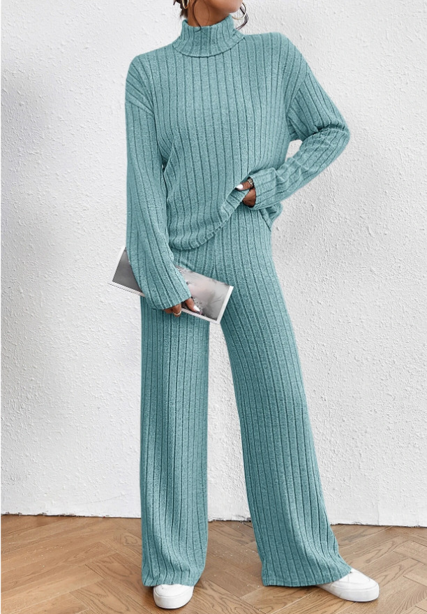 Zweiteiliges Set aus gestricktem Langarmoberteil für Damen mit hohem Kragen und lockerer Hose_voghion.com
