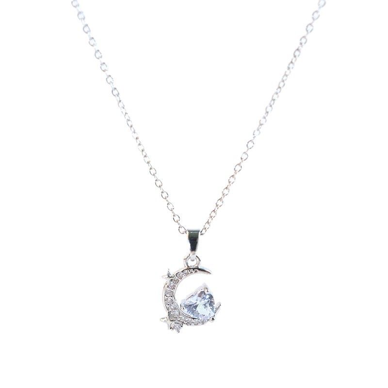 Silber Super Funkelnde Herz Zirkon Mond Anhänger Titan Stahl Halskette Für Frauen Elegante High-end Voll Diamant_voghion.com