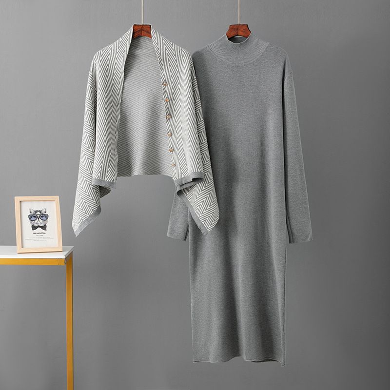 Completo elegante con abito a maniche lunghe e scialle – Abito midi invernale in maglia con cardigan drappeggiato abbinato (taglia unica, misto viscosa, nero/kaki/grigio)_voghion.com