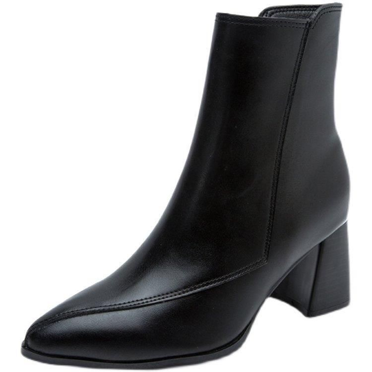 Autumn and winter new fashion pointed head thick heel side zipper short tube fashion pure black women's boots_voghion.com