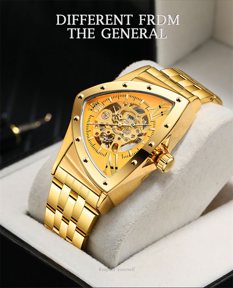 FORSINING 395 Nouvelle Arrivée Hommes Squelette Automatique Mécanique Or Vintage Homme Montre Triangle Montres-bracelets Horloge Meilleur Cadeau Pour Hommes_voghion.com