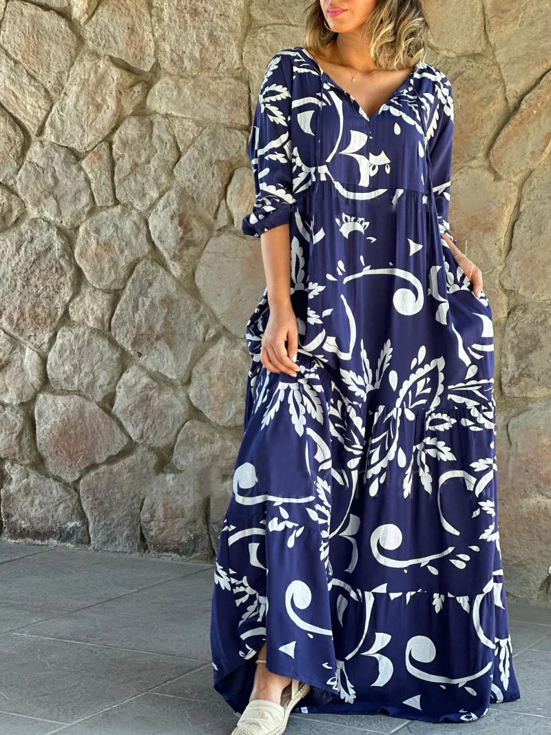 Damen Casual Plus Size Damenbekleidung Bedrucktes lockeres lässiges langes Kleid_voghion.com