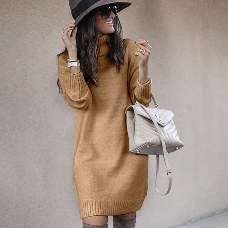 Pull à col roulé mi-long de couleur unie pour femme, haut à la mode_voghion.com