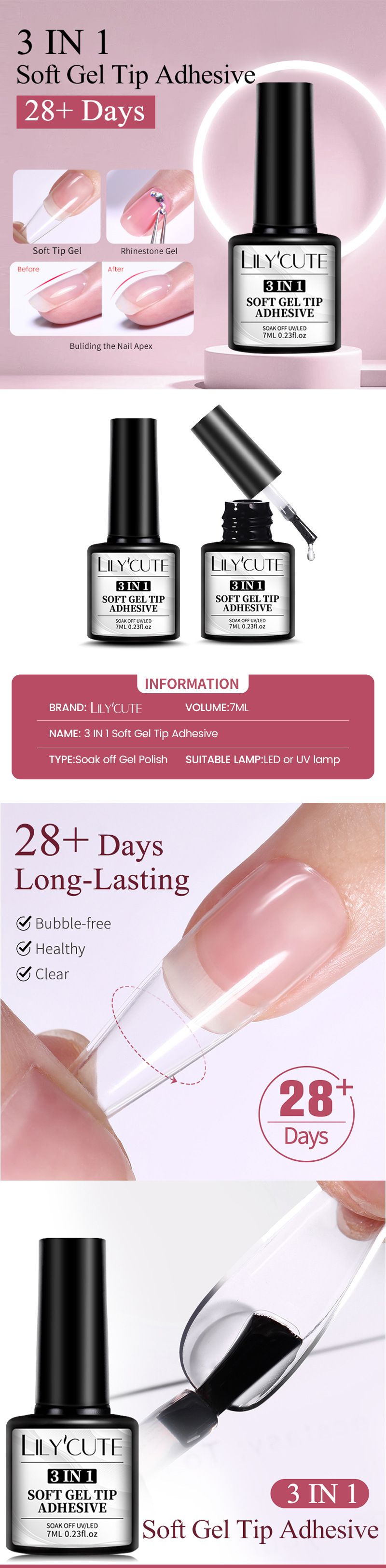 LILY'CUTE 3-in-1-Nagelgel – Starker Basislack + Strasskleber + Aufbaugel | Multifunktionaler Nagellack für die professionelle Maniküre_voghion.com