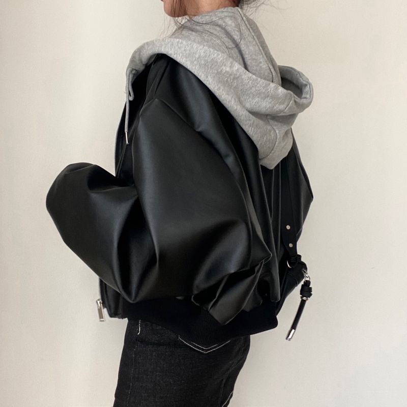 Giacca in pelle con cappuccio in due pezzi, casual, versatile, con cerniera, doppia tasca, stile coreano, autunnale e chic_voghion.com