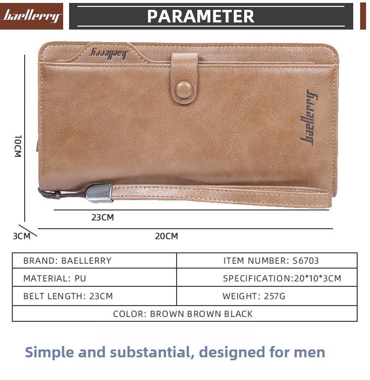 Lange Herrenbrieftasche von BAELLERRY, europäischer und amerikanischer Vintage-Stil, Design mit großer Kapazität, Clutch mit mehreren Kartenfächern, Business-Clutch mit Reißverschluss._voghion.com