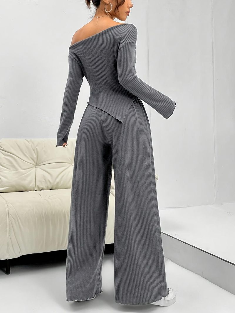 Roupas femininasTerno de duas peças com fronteiras cruzadas para mulheres Novo estilo Moda Casual Calças retas Temperamento Solto Gola de uma linha Faixa de pit Malha_voghion.com