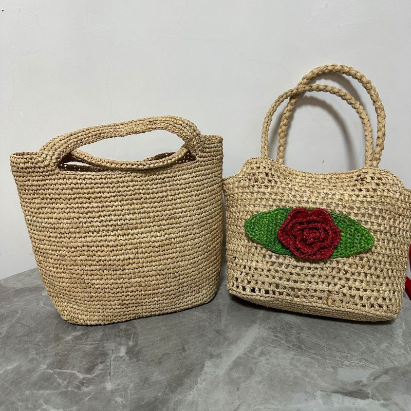 Borsa a mano in rafia stile francese, casual, fatta a mano, piccola, intrecciata con erba rosa 3D_voghion.com