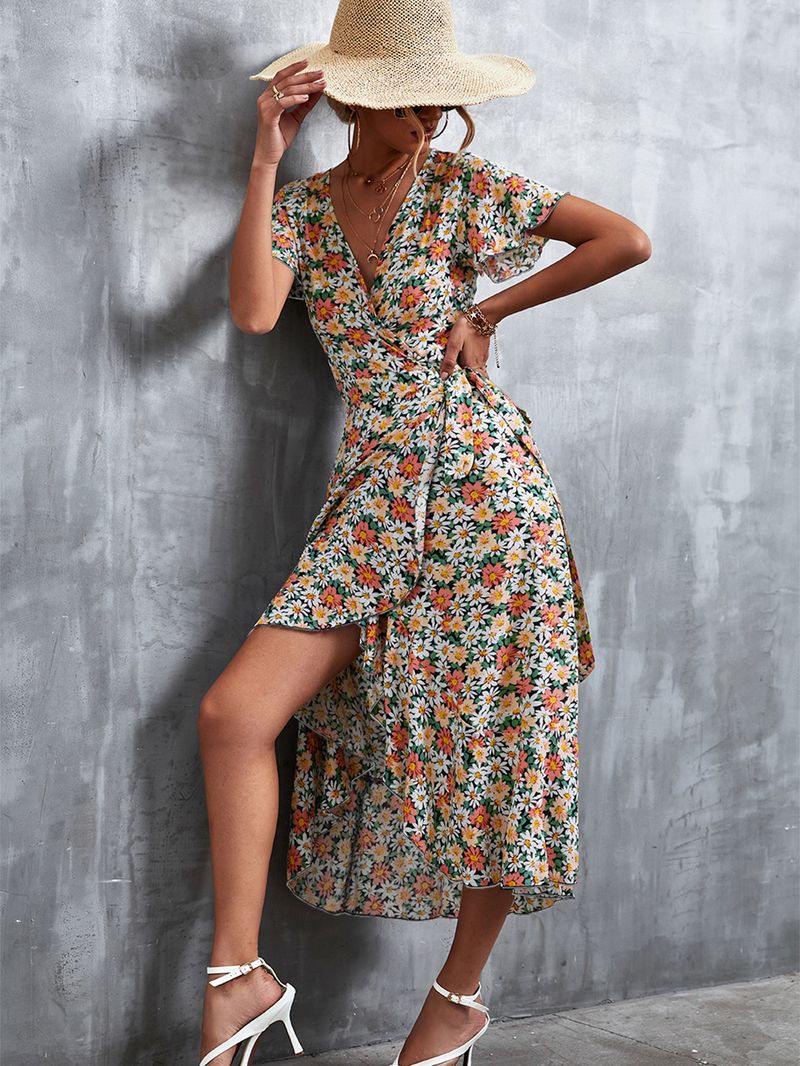 Frühling/Sommer 2022 Neues böhmisches, gekreuztes, geblümtes Kleid mit V-Ausschnitt und Schnürung_voghion.com