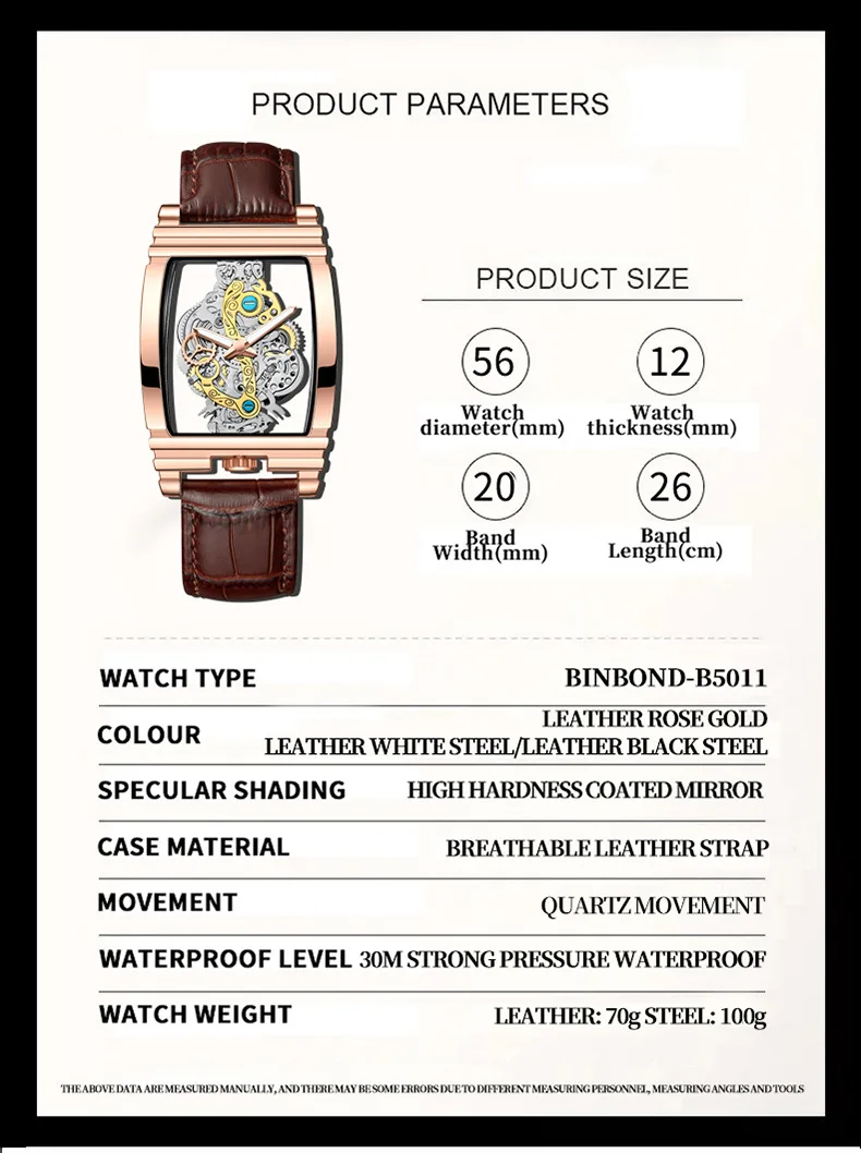Herrklockor Square Dial Transparent Hollow Quartz Watch Läderarmband_voghion.com