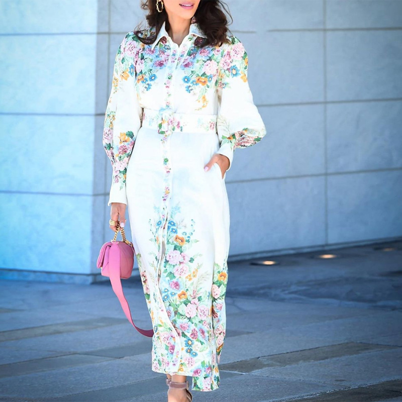Women's fashion elegant printed lantern sleeve lapel robe shirt collar dress_voghion.com