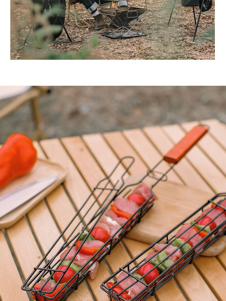 2-Pack Outdoor Wooden Handle BBQ Grill Basket - Perfect for Camping, Meat & Vegetable Grilling, Picnic BBQ Tool, Charcoal Sausage Skewers_voghion.com