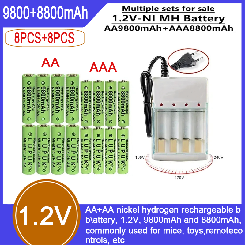 AA oder AAA Nickel-Waasserstoff nofëllbar Batterien, 1,2 V, 9800 mAh an 8800 mAh, déi dacks a Mais, Spillsaachen, Fernbedienungen, etc. benotzt ginn_voghion.com