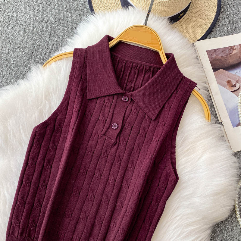 Women's Clothing Twisted POLO Collar Sleeveless Knitted Vest Slim Fit Two Button Casual Top_voghion.com
