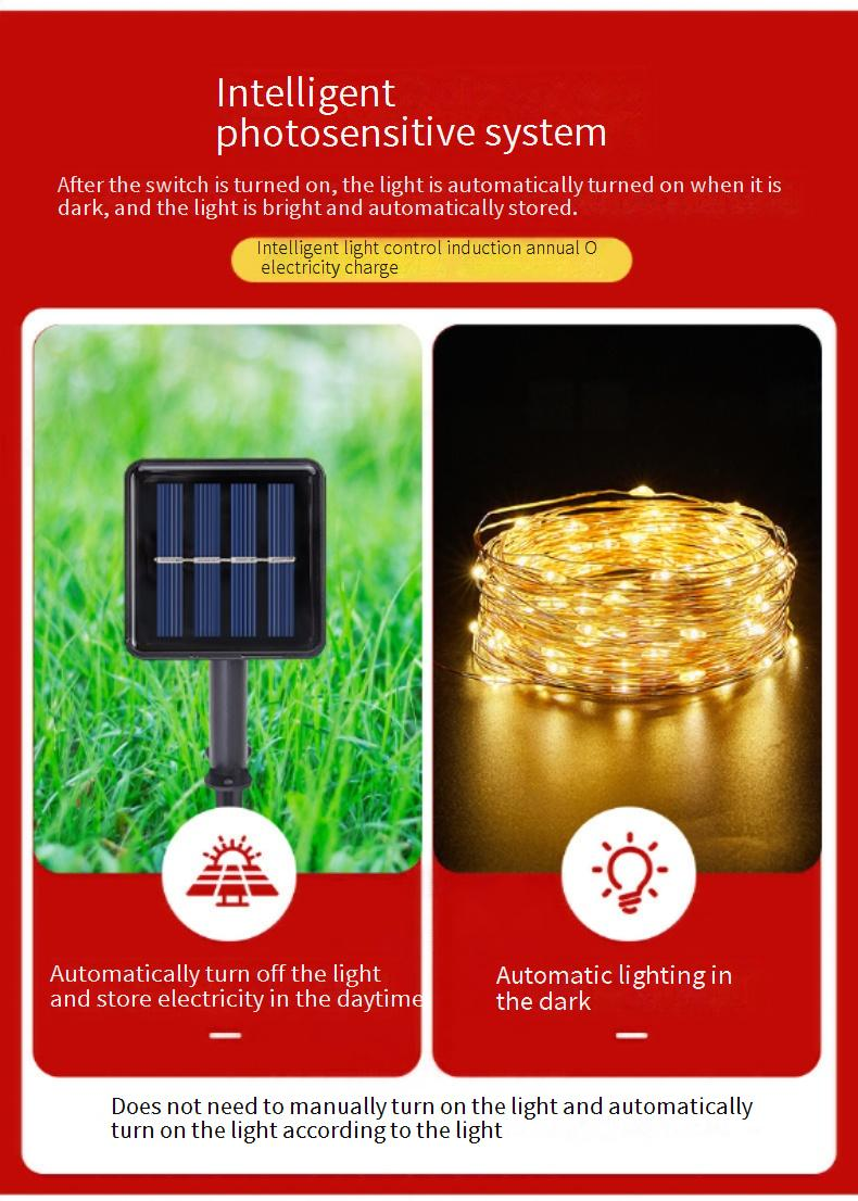 Solar-Kupferdraht-Lichter, LED-Lichterketten für den Garten im Freien, Weihnachtsdekoration, warmweiß und bunt, IP65, wasserdicht, 8 Modi_voghion.com