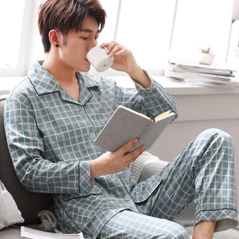 100 % reine Baumwolle Herren Nachtwäsche 2-teilig Casual Nachtwäsche Plaid Herbst Nachtwäsche Home Wear Herren Nachtwäsche Reine Baumwolle Nachtwäsche Set_voghion.com