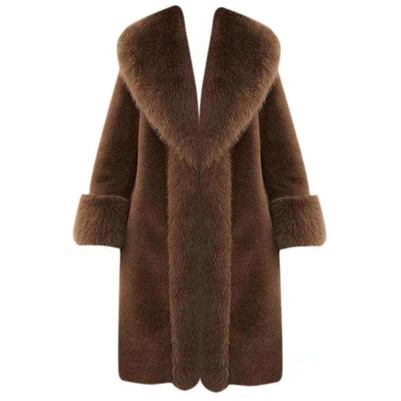 Women's Clothing Autumn And Winter Luxury Long Fox Fur Collar Coat Oversized Casual Winter Jacket With Plush Lining (Cream, Dark Brown, Black)_voghion.com