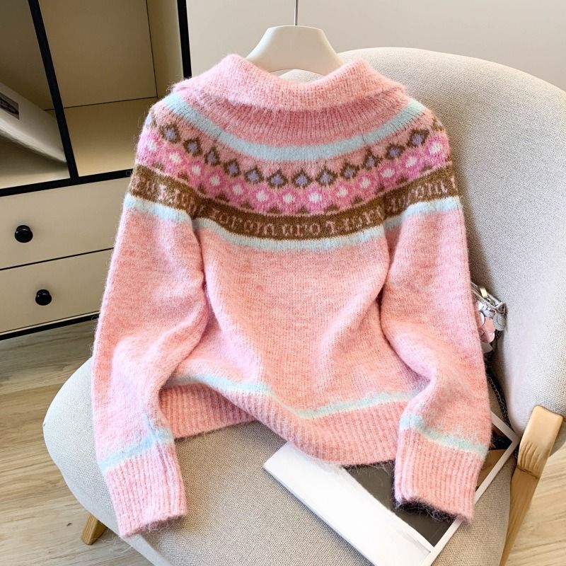 Cardigan in maglia Fair Isle – Carré ricamato a mano di ispirazione nordica e colletto in pelliccia sintetica (taglia unica, capo essenziale per l'inverno, con cerniera frontale)_voghion.com