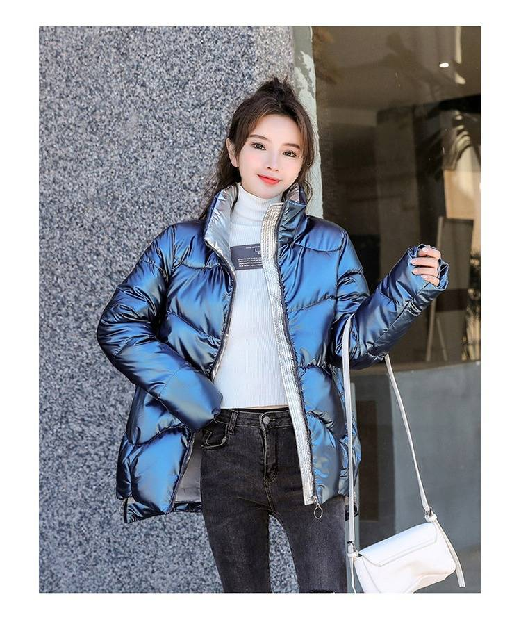 Piumino corto da donna con finitura lucida, cappotto trapuntato leggero, capospalla invernale con collo alto, vestibilità comoda e casual._voghion.com