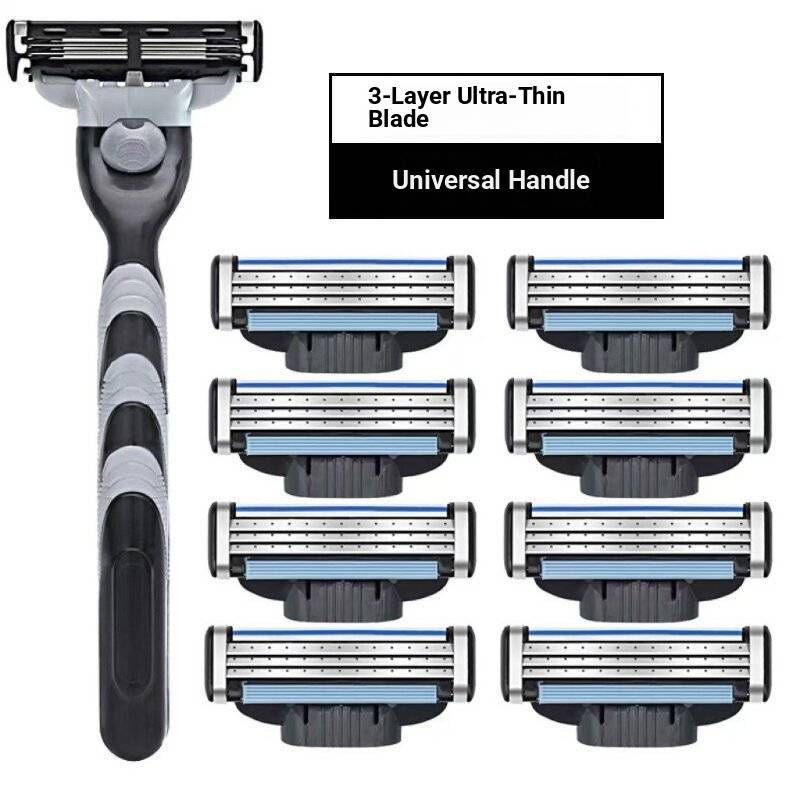 Premium Stainless Steel 3-Blade Razor Refills & Handle – Classic Shaving Kit For Men (4-Pack, Matte Black)_voghion.com
