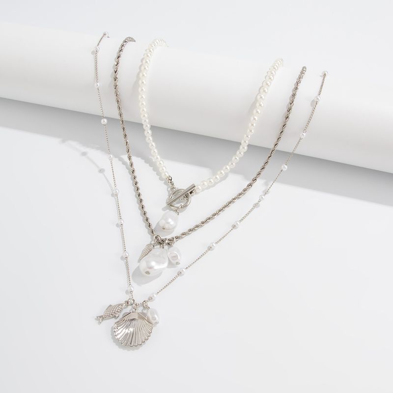 Halskette Damen Goldene Halskette Anhänger Halskette Gold Mode Perle Muschel Fisch Strand Stil Halskette Design Mehrschichtige Schlüsselbeinkette_voghion.com