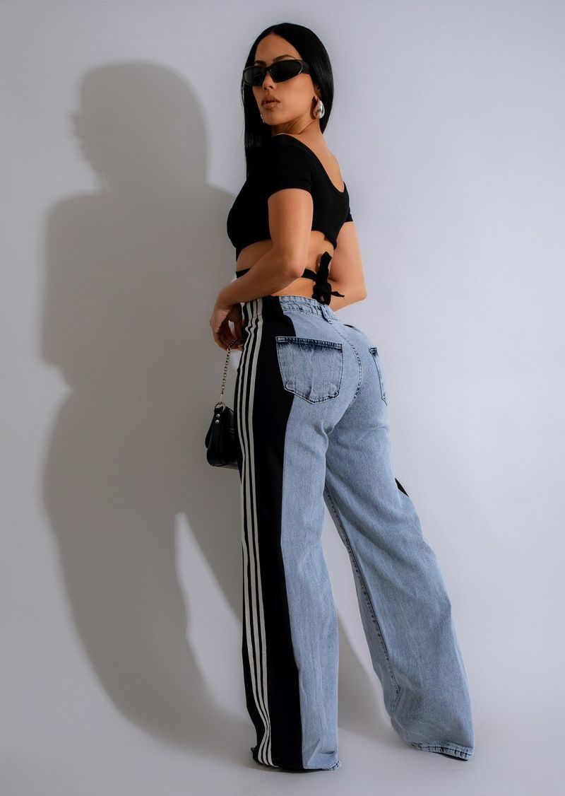 Ropa de mujer Pantalones vaqueros de pierna ancha con tres rayas y empalme de moda de verano Pantalones rectos elásticos de cintura alta informales nuevos para mujer_voghion.com