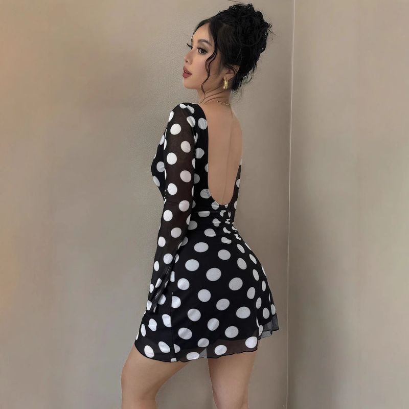 2025 Spring/Summer New Women's Sexy Polka Dot Backless Mesh Flared Sleeve Mini Dress_voghion.com