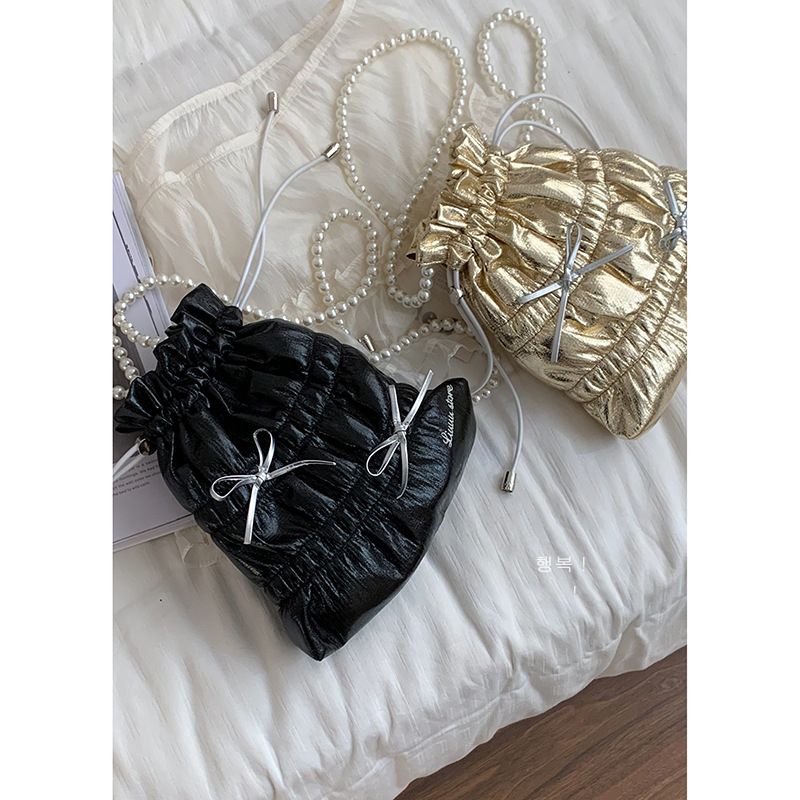 Borsa a tracolla con catena di perle per donna, 2025, nuova moda, borsa a secchiello con tracolla singola e plissettata con fiocco_voghion.com