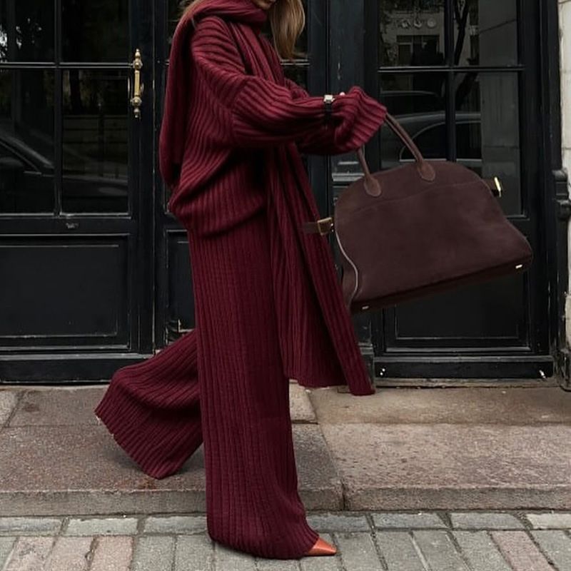 Oversized Knit Sweater & Scarf Set – Fall/Winter Women's Loungewear (Wine Red/Sage Green/Gray, S-L)_voghion.com