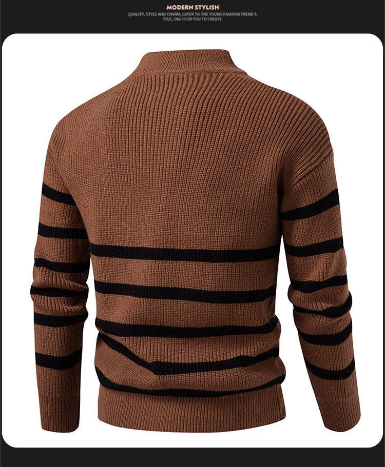 Modischer Herren-Strickpullover mit Stehkragen und halbem Reißverschluss, gestreifter Freizeitpullover für Herbst und Winter_voghion.com