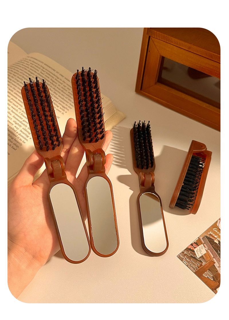 Folding Boar Bristle Comb With Mirror Integrated Portable Travel Massage Comb Women's Bangs Fluffy Hair Comb_voghion.com