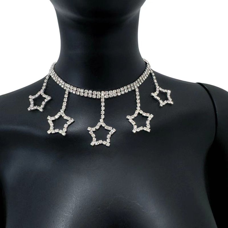 Colar com pingente de estrela simples e elegante para senhoras, corrente de garra de passarela com diamante incrustado de estrela de cinco pontas criativa, corrente de clavícula_voghion.com